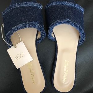 Sophia Milano Blue Fray Denim Slide Sandals